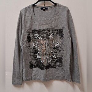 Kapalua Women's T-Shirt Tee Long Sleeve Gray Butterfly Viscose Size Medium